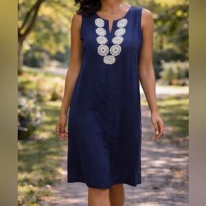 Navy Blue Linen Sleeveless Midi Dress White Crochet Trim Size XL
